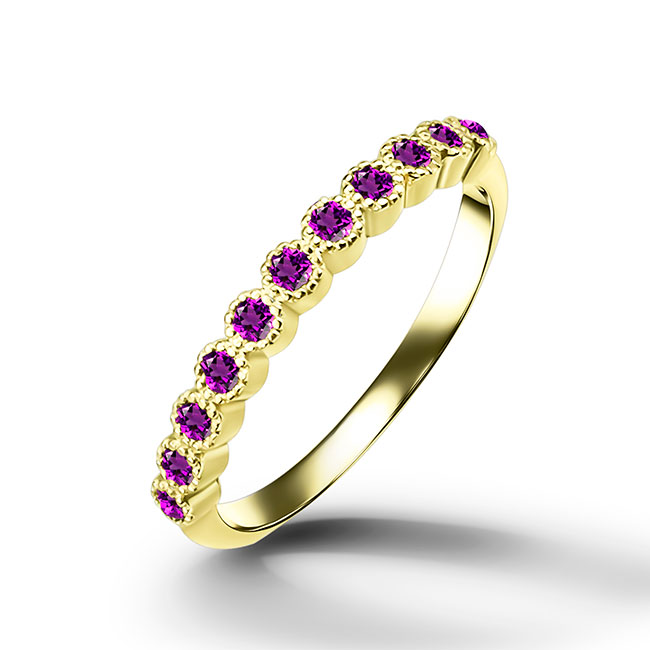 This stylish amethyst half eternity ring is beautifully displayed, the fine craftsmanship shows off the row of purple amethyst gemstones and their stunning sparkle. It's a beautiful gift ring for anybody who loves gemstones.