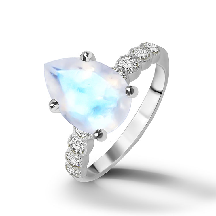 An absolute stunner, classic natural moonstone engagement ring with a pear cut gemstone of your choice as it’s centre stone and with round cut clear quartz on the band to further accentuate it.