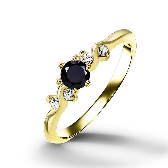 This elegant, lovely women's ring is features a round cut onyx gemstone with 2 round-cut dazzling clear quartz. This beautiful ring is enhanced with a high polish finish.
