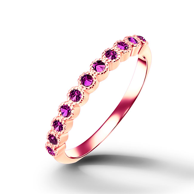 This stylish ruby half eternity ring is beautifully displayed, the fine craftsmanship shows off the row of rubies and their stunning sparkle. It's a beautiful gift ring for anybody who loves gemstones.