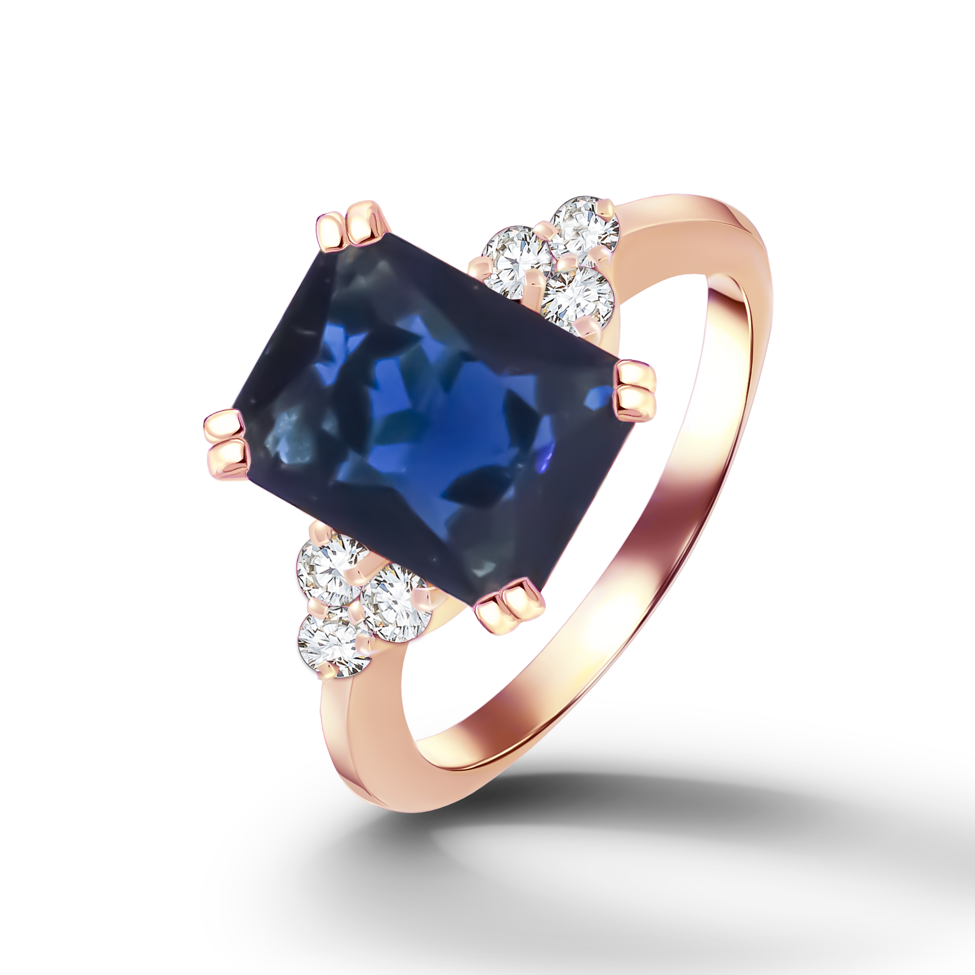 An absolute stunner, classic blue sapphire engagement ring with an emerald cut gemstone of your choice as it’s centre stone and with round cut clear quartz on the band to further accentuate it