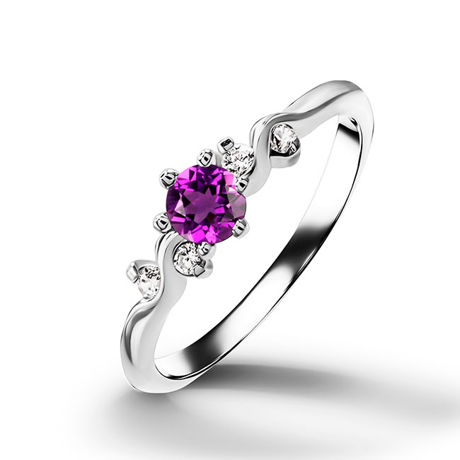 This elegant, lovely women's ring is features a round cut purple amethyst gemstone with 2 round-cut dazzling clear quartz. This beautiful ring is enhanced with a high polish finish.