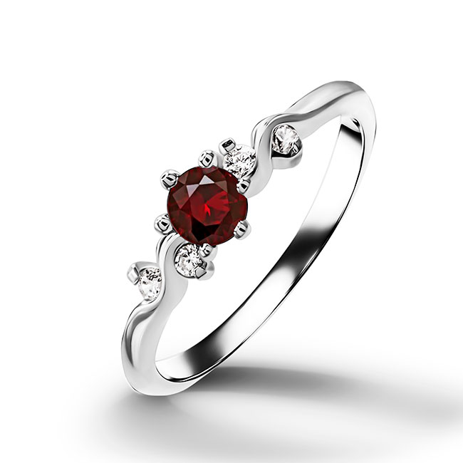 This gorgeous and elegant women's ring features a round cut red garnet gemstone with two round-cut dazzling clear quartz. This beautiful ring is enhanced with a high polish finish.